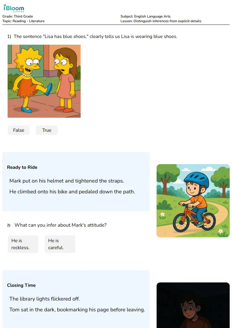 Free Distinguish inferences from explicit details Worksheets for Third Grade