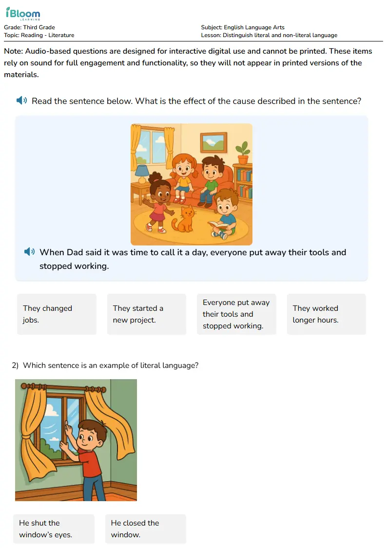 Free Distinguish literal and non-literal language Worksheets for Third Grade