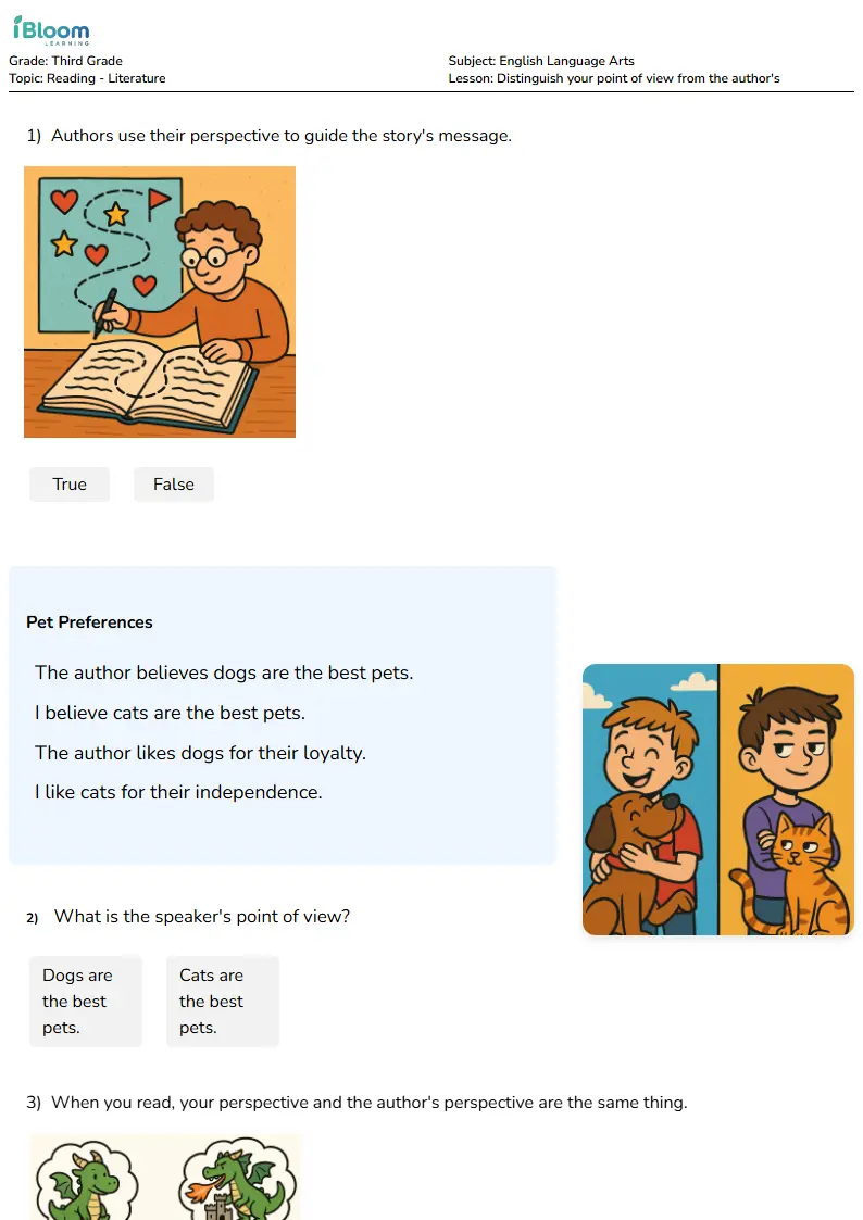 Free Distinguish your point of view from the author's Worksheets for Third Grade