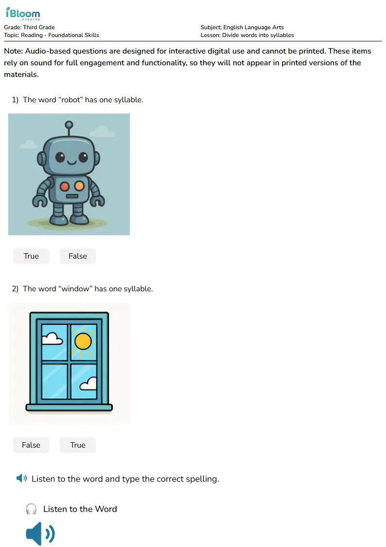 Free Divide words into syllables Worksheets for Third Grade