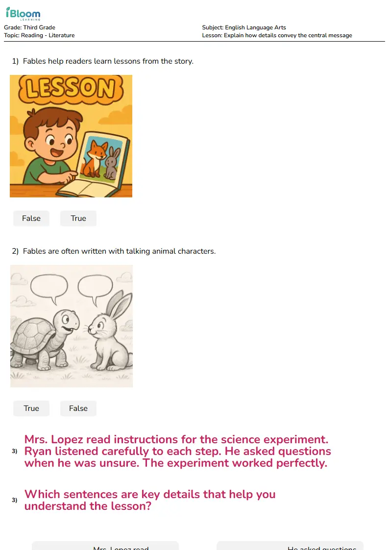 Free Explain how details convey the central message Worksheets for Third Grade