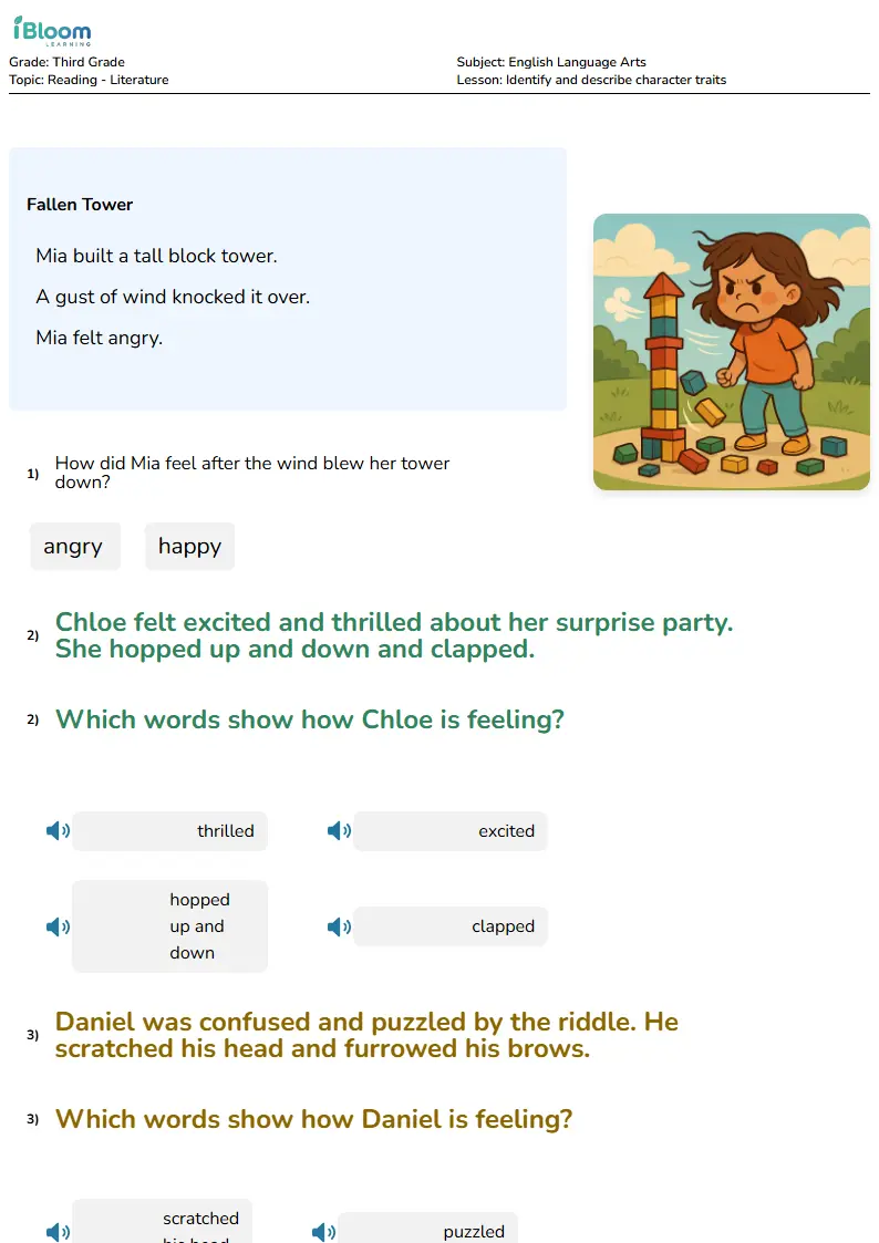 Free Identify and describe character traits Worksheets for Third Grade