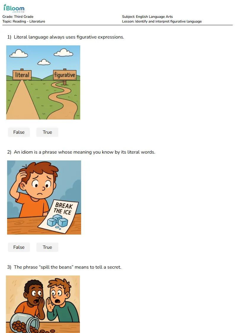 Free Identify and interpret figurative language Worksheets for Third Grade