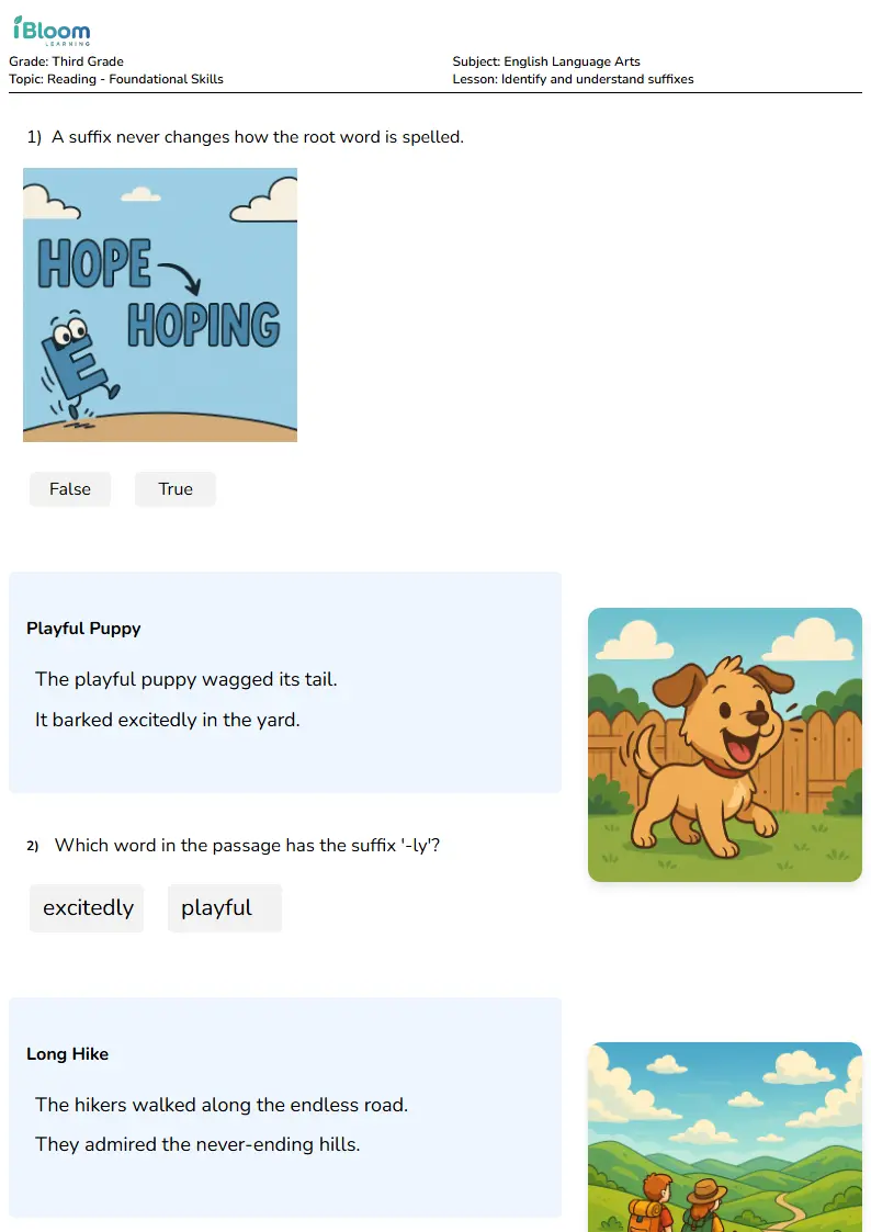 Free Identify and understand suffixes Worksheets for Third Grade