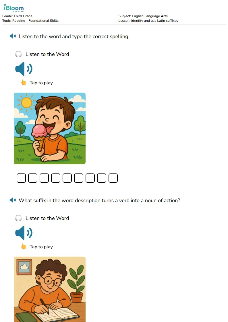 Free Identify and use Latin suffixes Worksheets for Third Grade