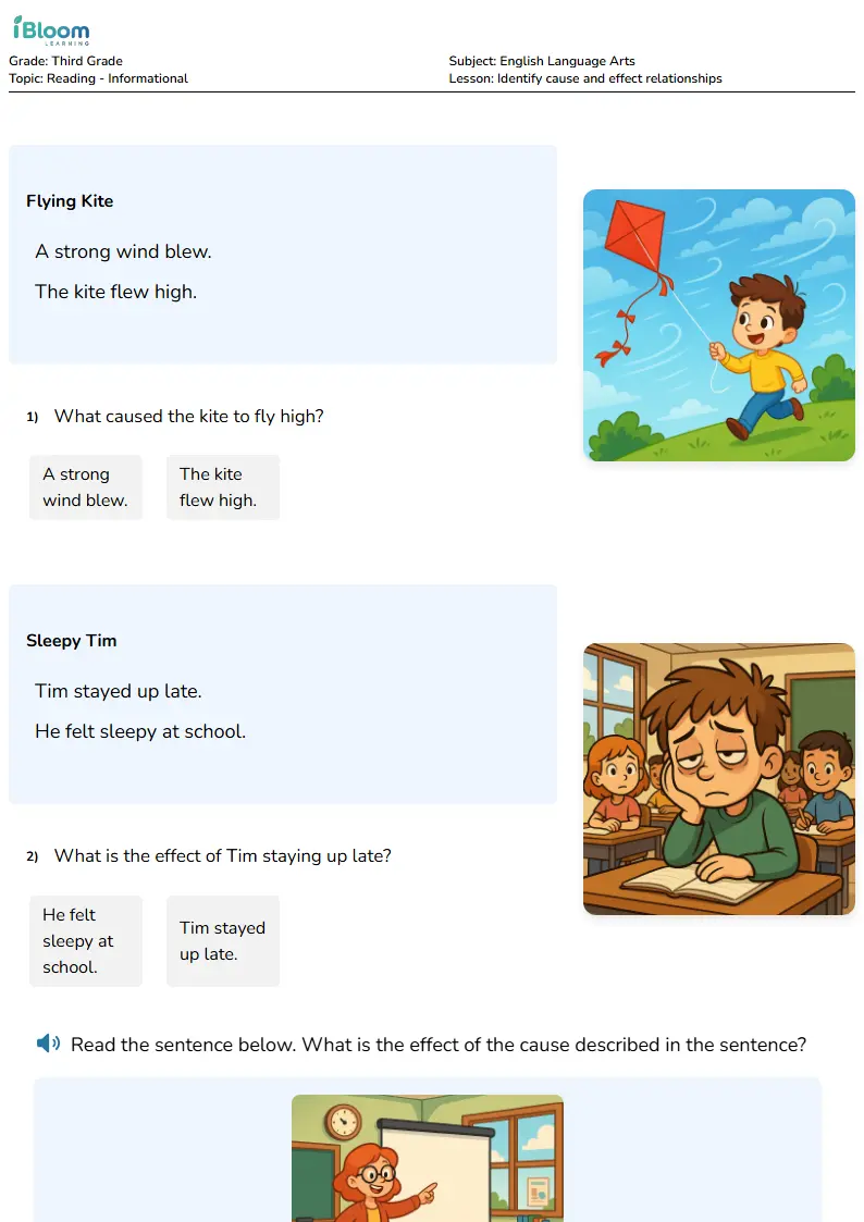 Free Identify cause and effect relationships Worksheets for Third Grade | iBloom