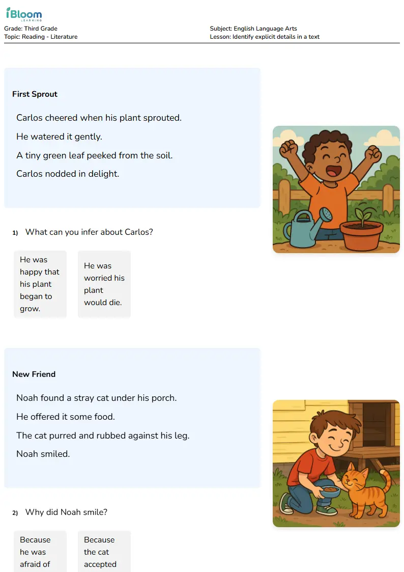 Free Identify explicit details in a text Worksheets for Third Grade | iBloom