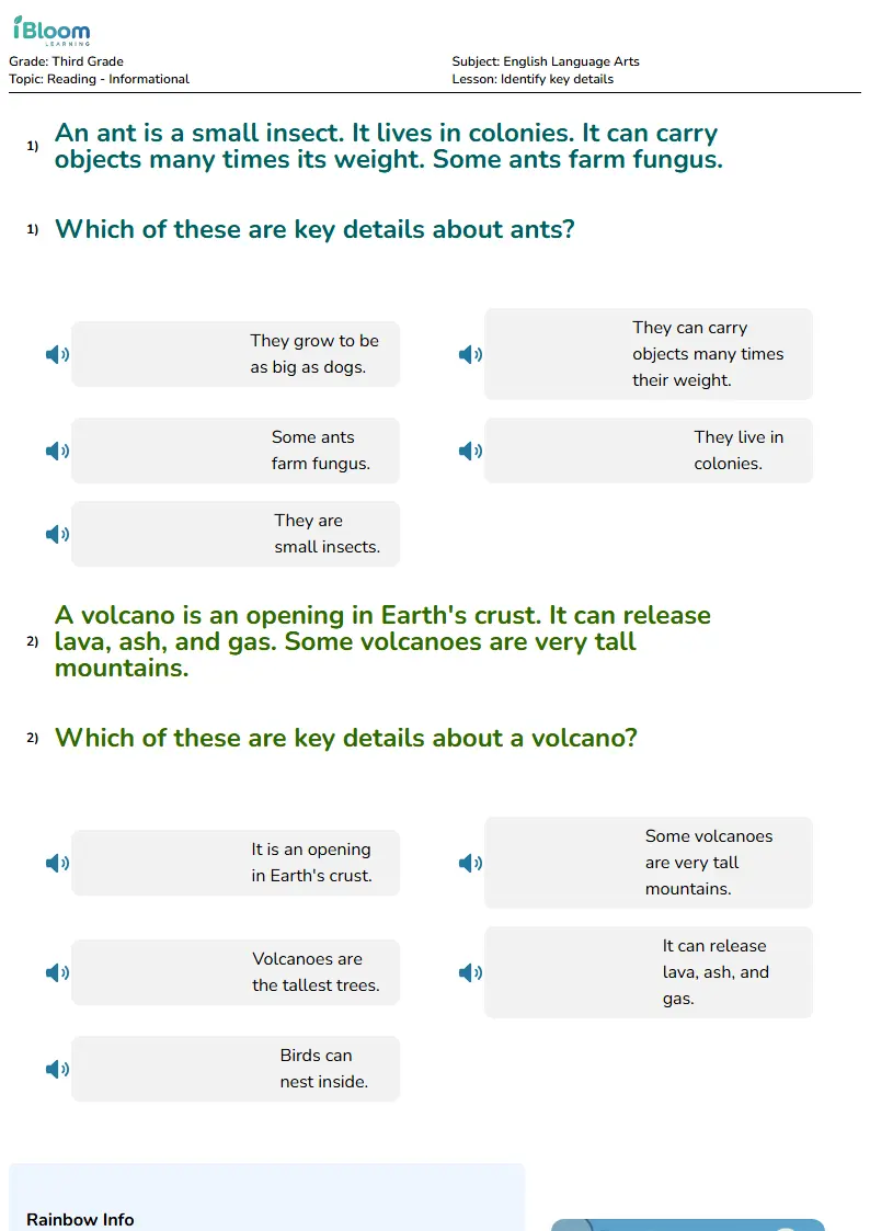 Free Identify key details Worksheets for Third Grade | iBloom