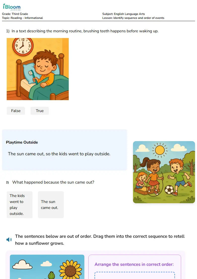 Free Identify sequence and order of events Worksheets for Third Grade | iBloom