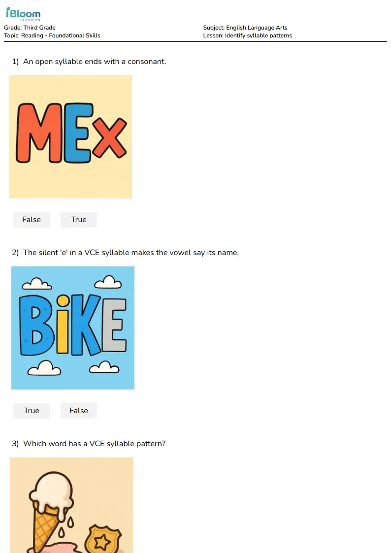 Free Identify syllable patterns Worksheets for Third Grade | iBloom