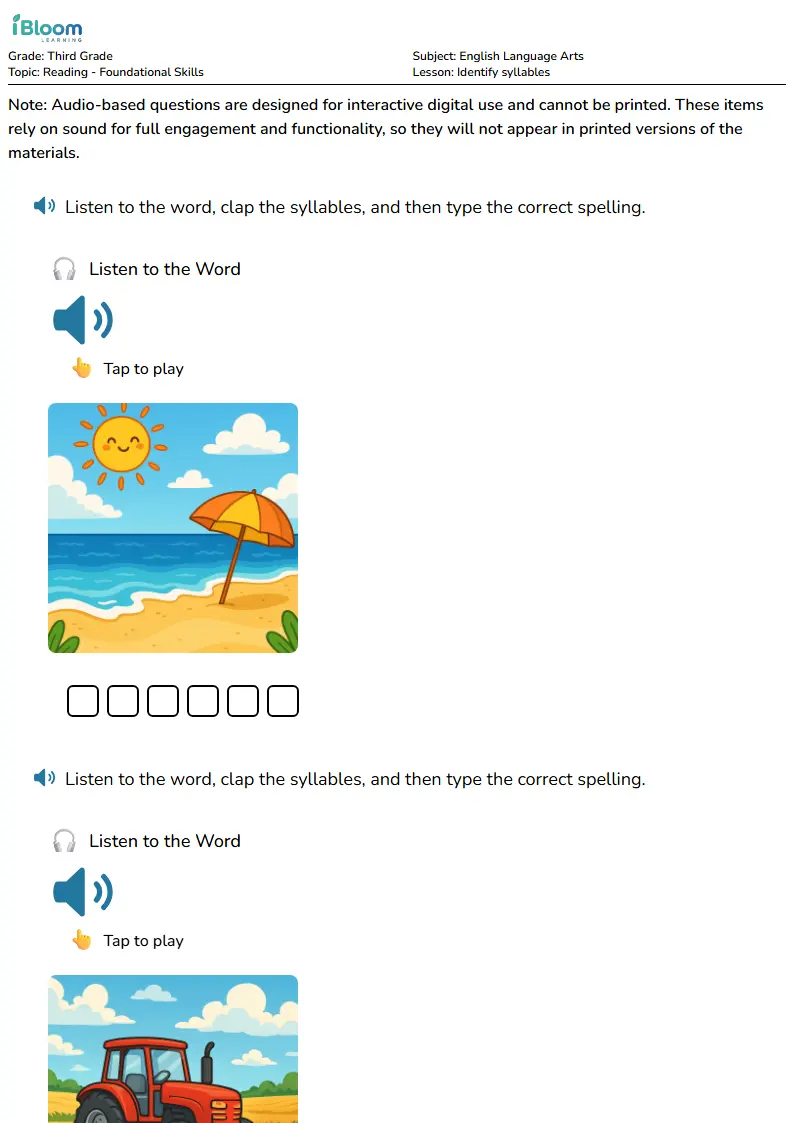 Free Identify syllables Worksheets for Third Grade | iBloom