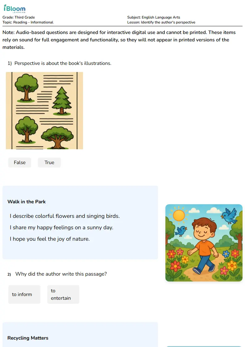 Free Identify the author's perspective Worksheets for Third Grade | iBloom