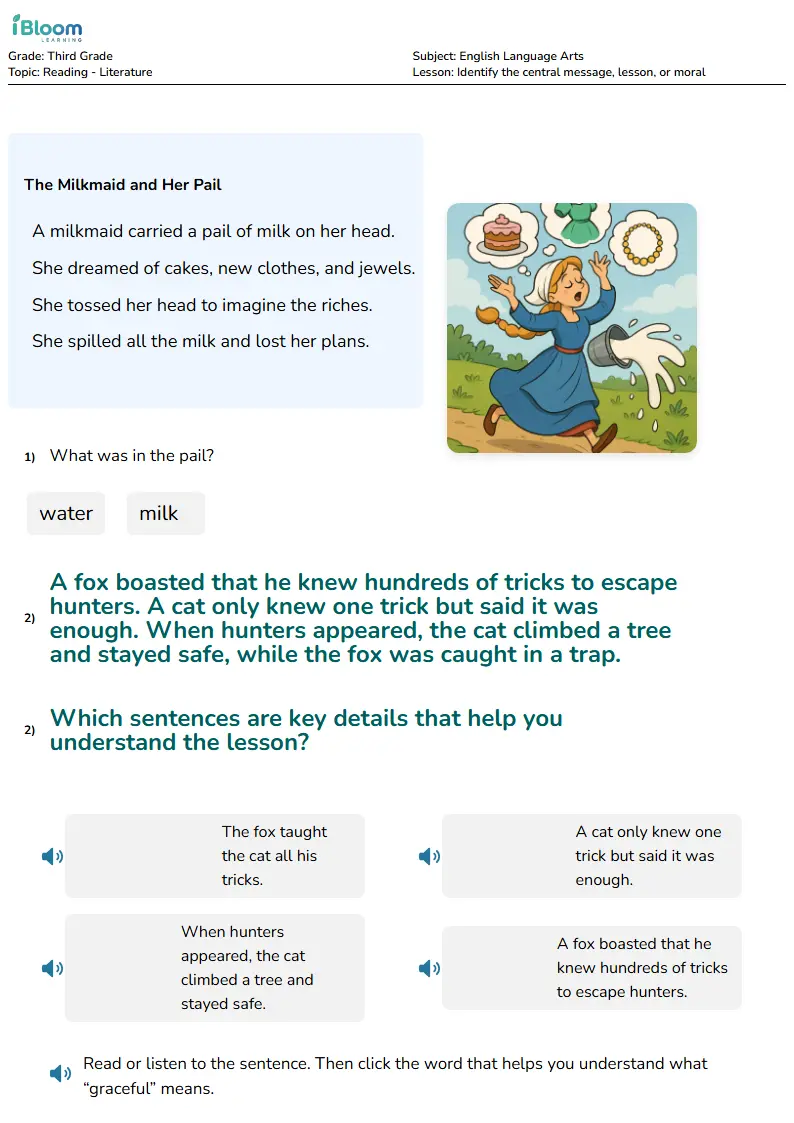 Free Identify the central message, lesson, or moral Worksheets for Third Grade | iBloom