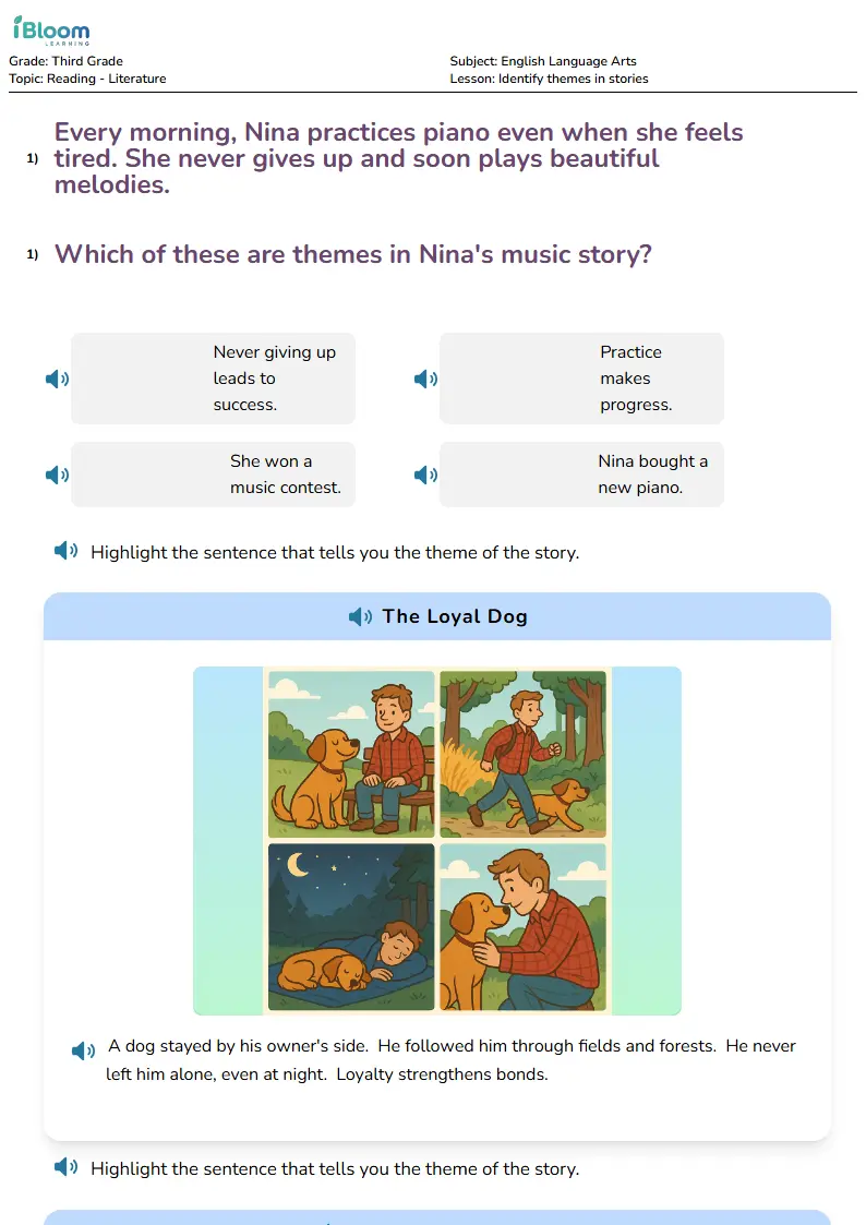 Free Identify themes in stories Worksheets for Third Grade | iBloom