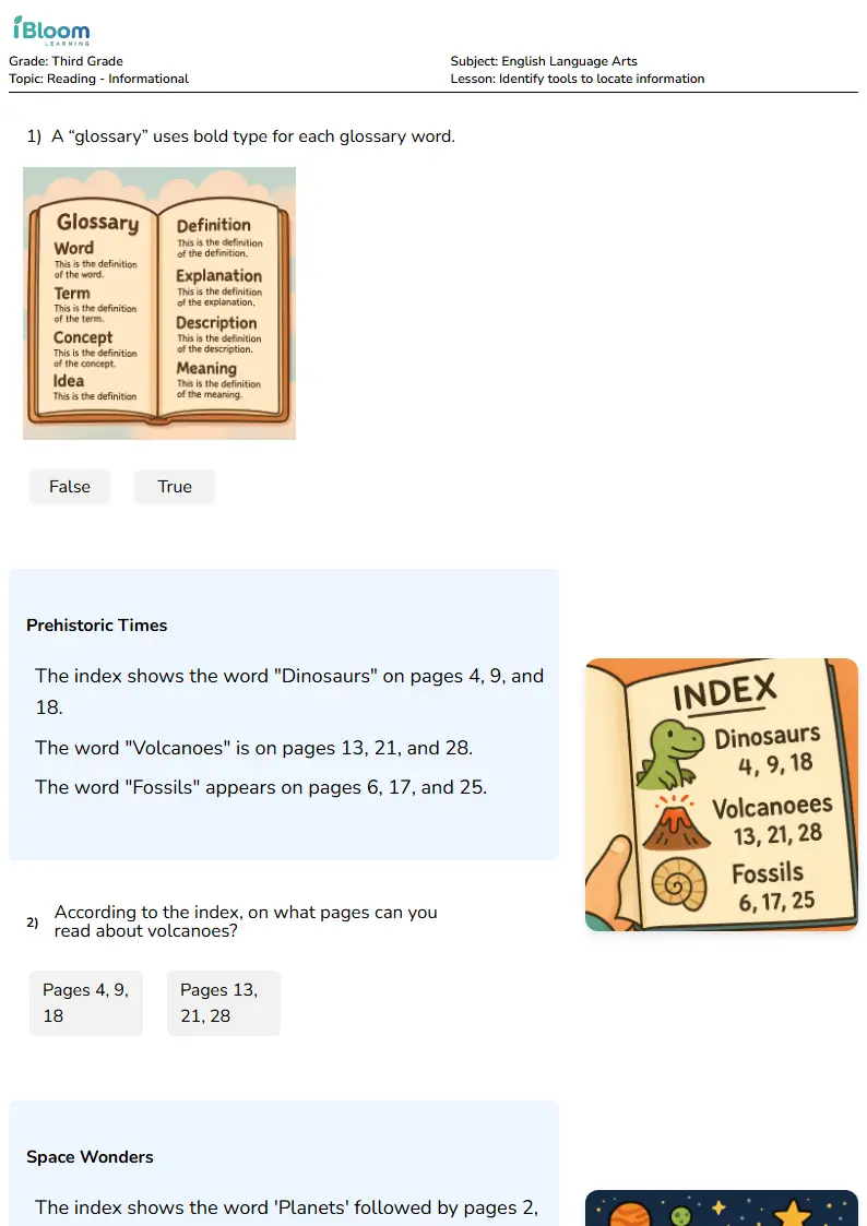 Free Identify tools to locate information Worksheets for Third Grade | iBloom