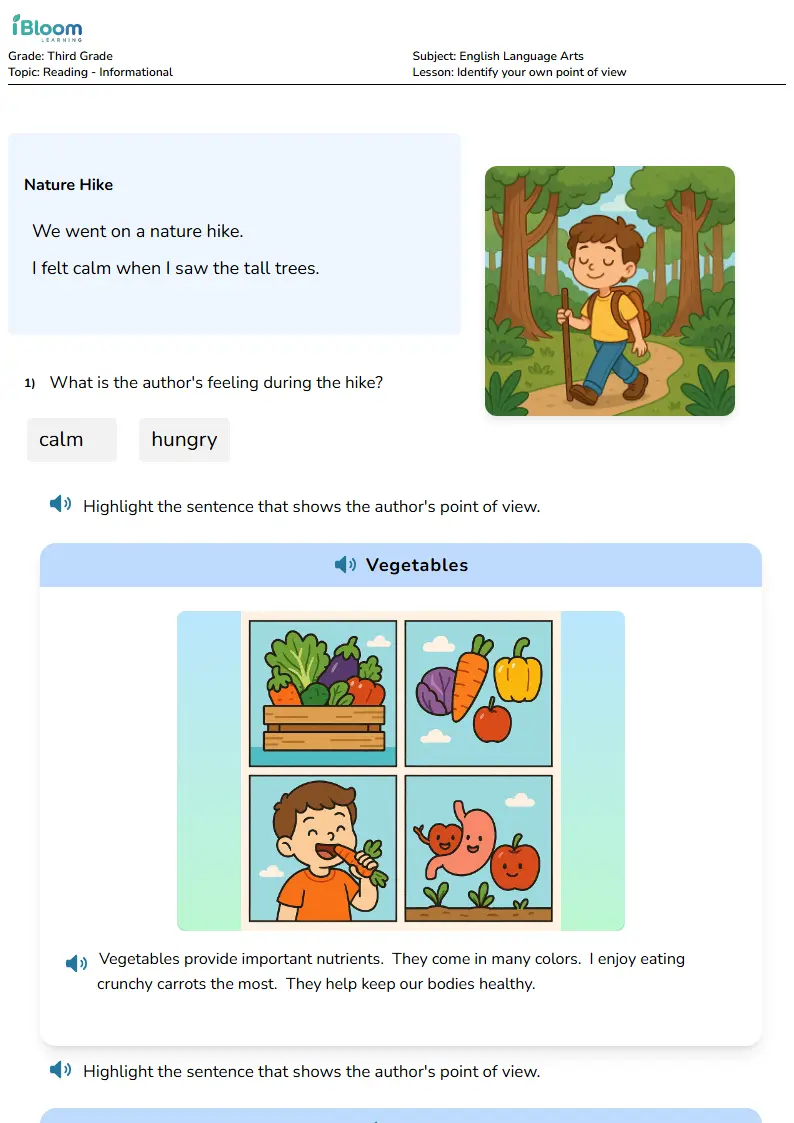 Free Identify your own point of view Worksheets for Third Grade | iBloom