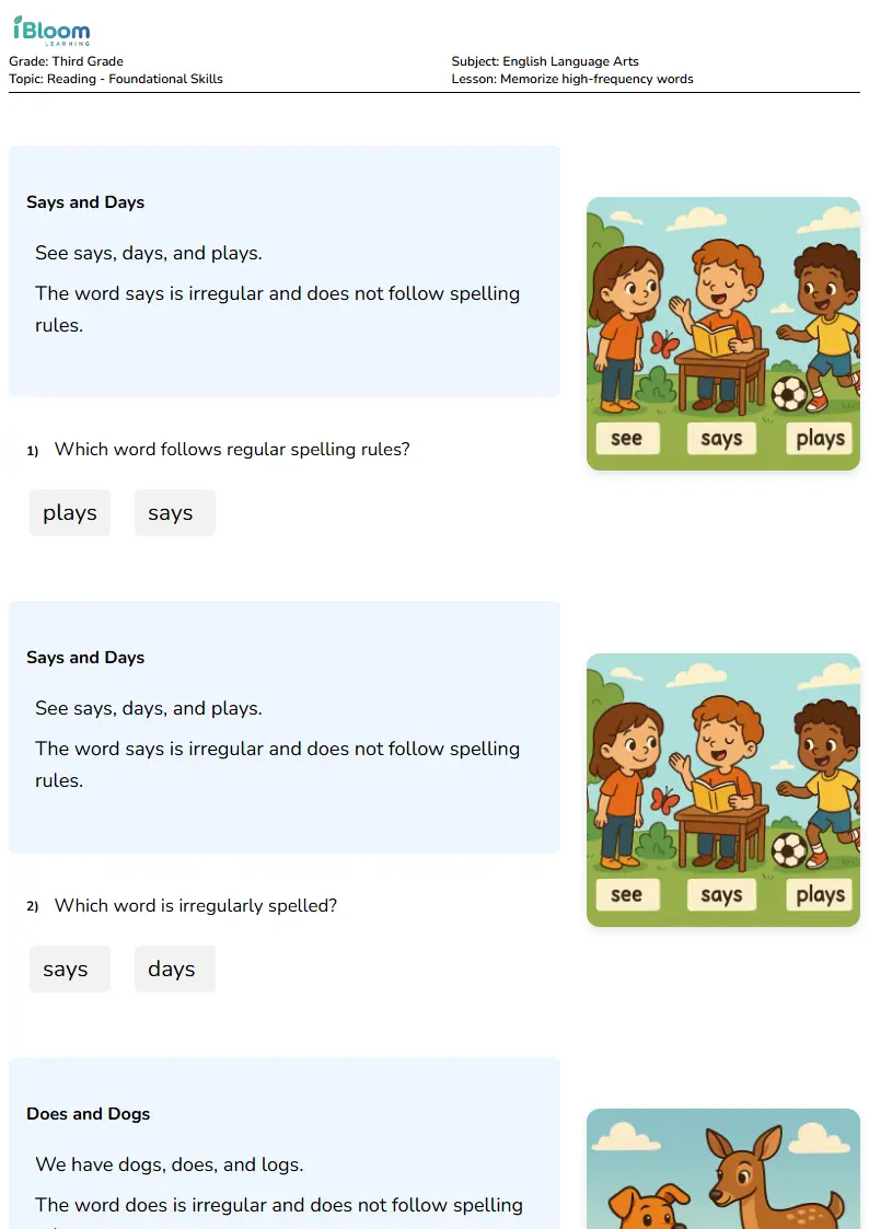 Free Memorize high-frequency words Worksheets for Third Grade | iBloom