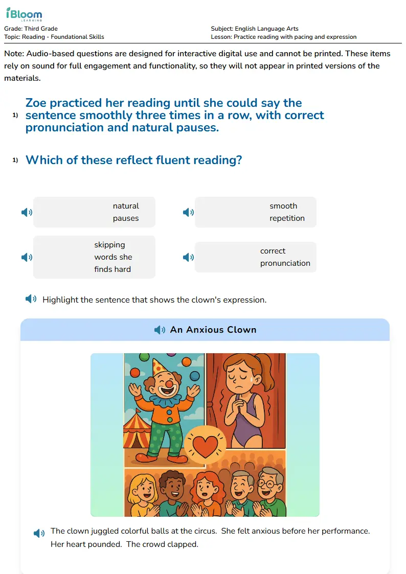 Free Practice reading with pacing and expression Worksheets for Third Grade | iBloom