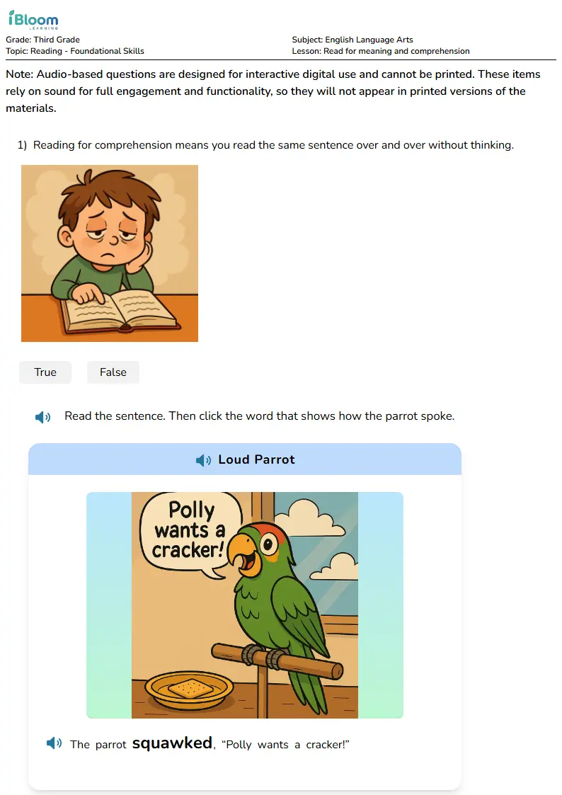 Free Read for meaning and comprehension Worksheets for Third Grade | iBloom
