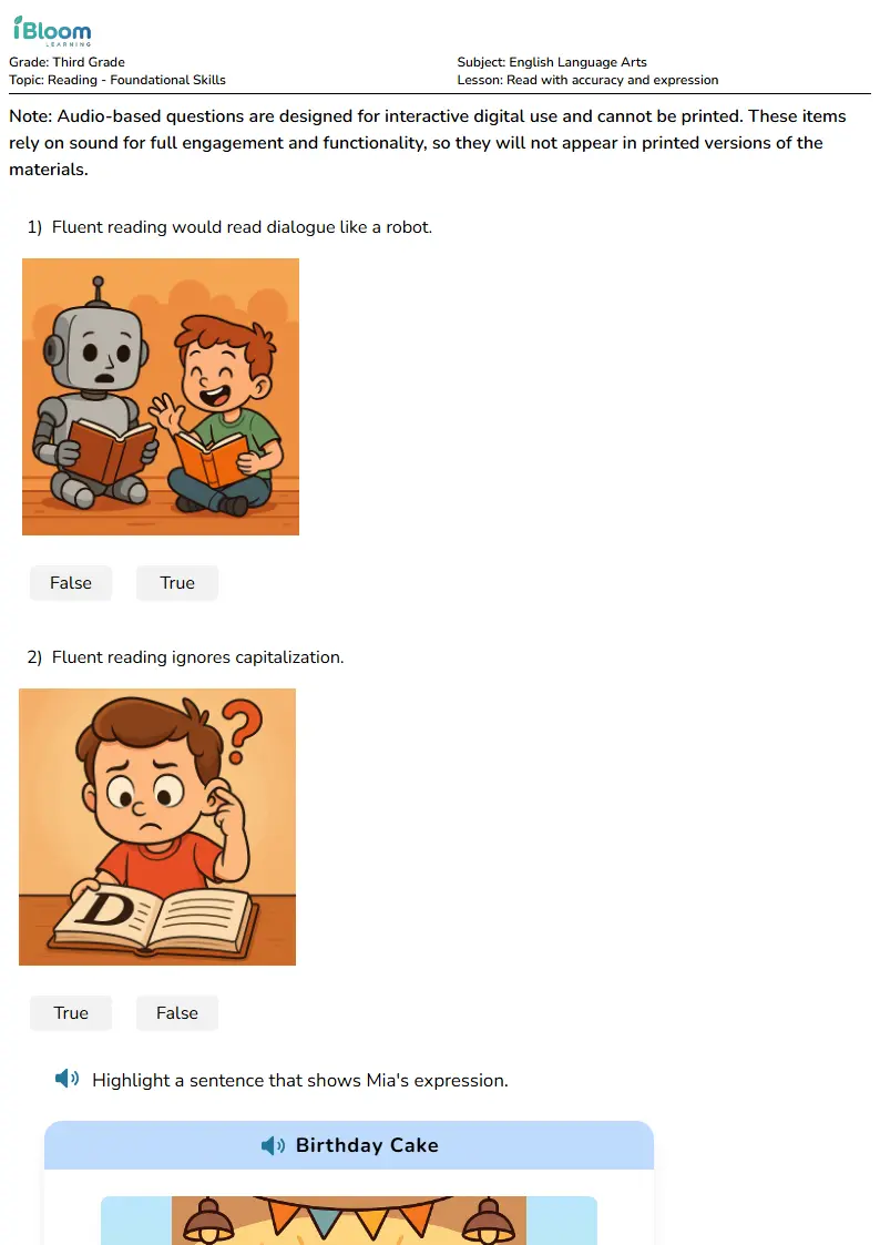 Free Read with accuracy and expression Worksheets for Third Grade | iBloom