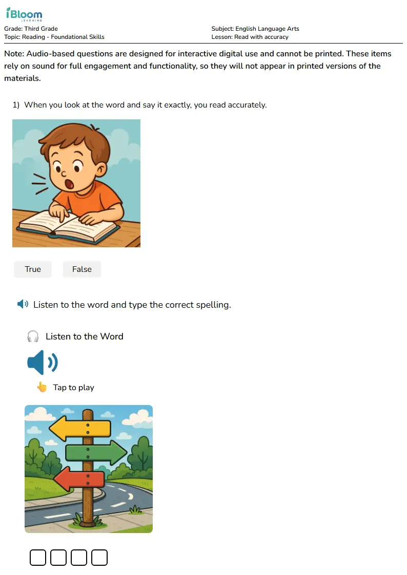Free Read with accuracy Worksheets for Third Grade | iBloom