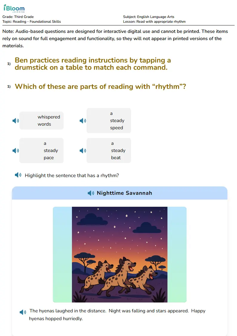 Free Read with appropriate rhythm Worksheets for Third Grade | iBloom