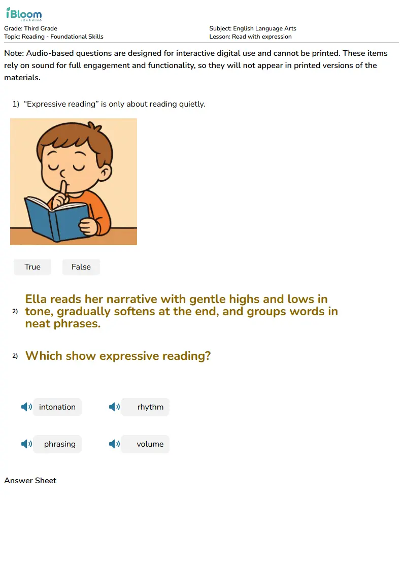 Free Read with expression Worksheets for Third Grade | iBloom