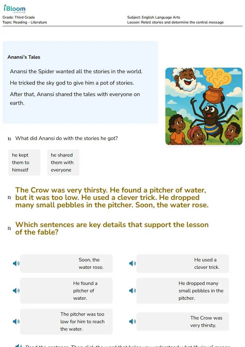 Free Retell stories and determine the central message Worksheets for Third Grade | iBloom