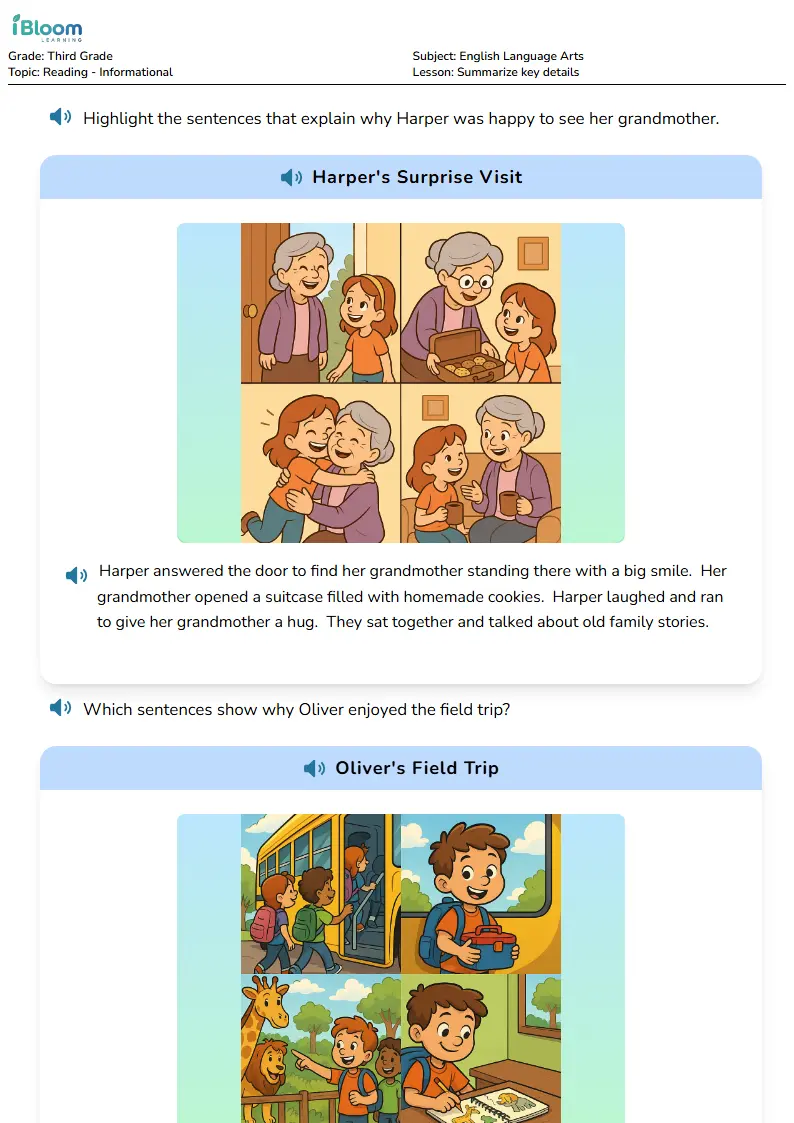 Free Summarize key details Worksheets for Third Grade | iBloom
