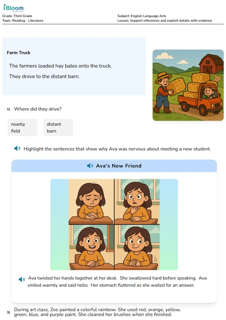 Free Support inferences and explicit details with evidence Worksheets for Third Grade | iBloom