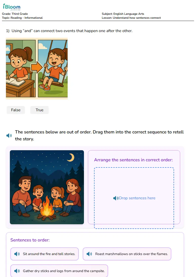 Free Understand how sentences connect Worksheets for Third Grade | iBloom