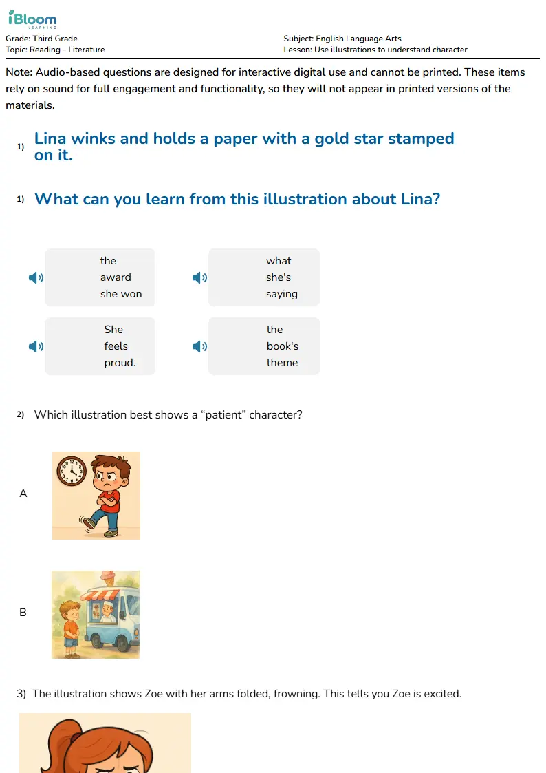 Free Use illustrations to understand character Worksheets for Third Grade | iBloom