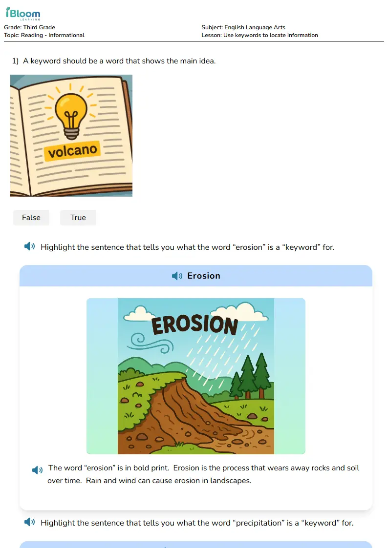 Free Use keywords to locate information Worksheets for Third Grade | iBloom