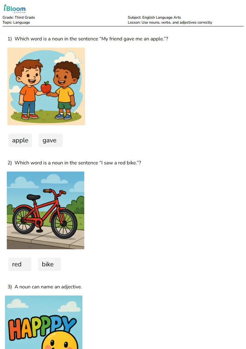 Free Use nouns, verbs, and adjectives correctly Worksheets for Third Grade | iBloom