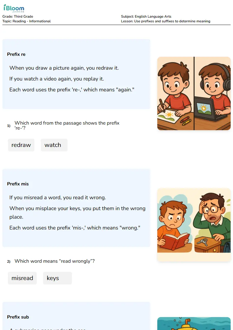 Free Use prefixes and suffixes to determine meaning Worksheets for Third Grade | iBloom