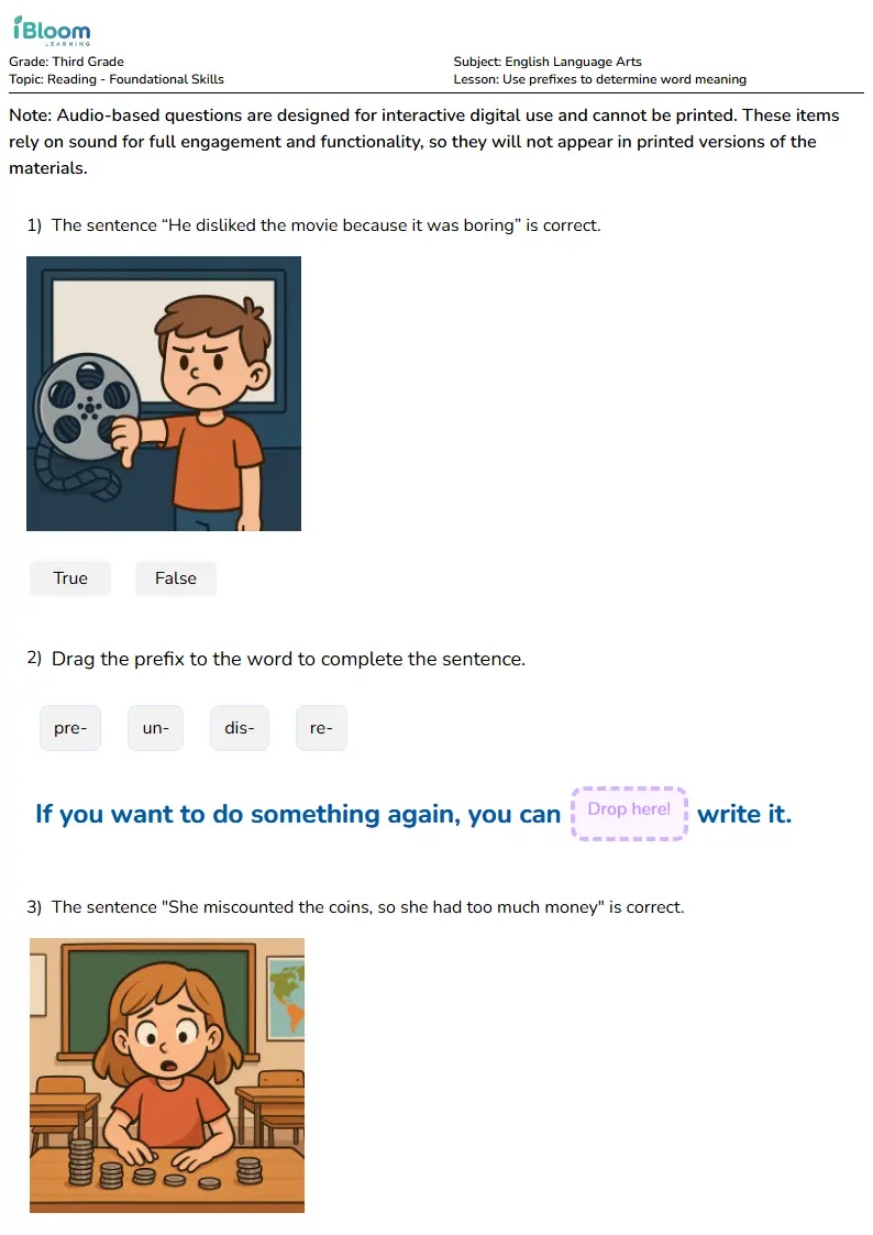 Free Use prefixes to determine word meaning Worksheets for Third Grade | iBloom