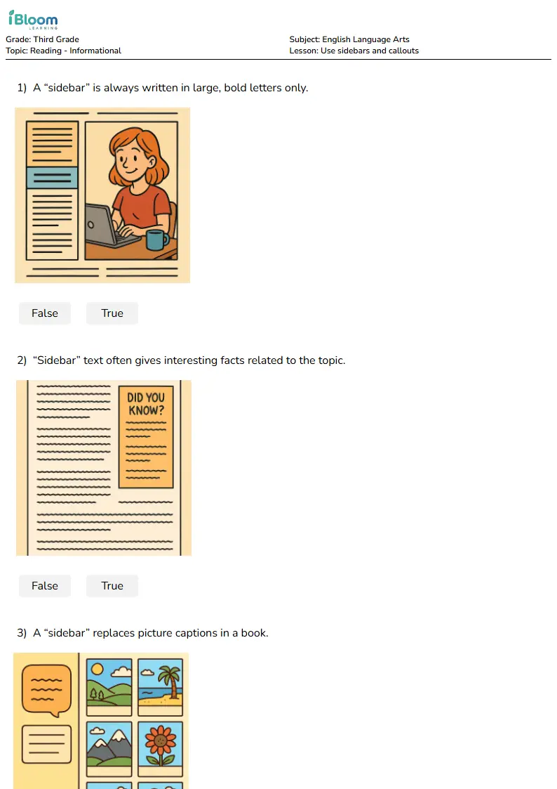 Free Use sidebars and callouts Worksheets for Third Grade | iBloom