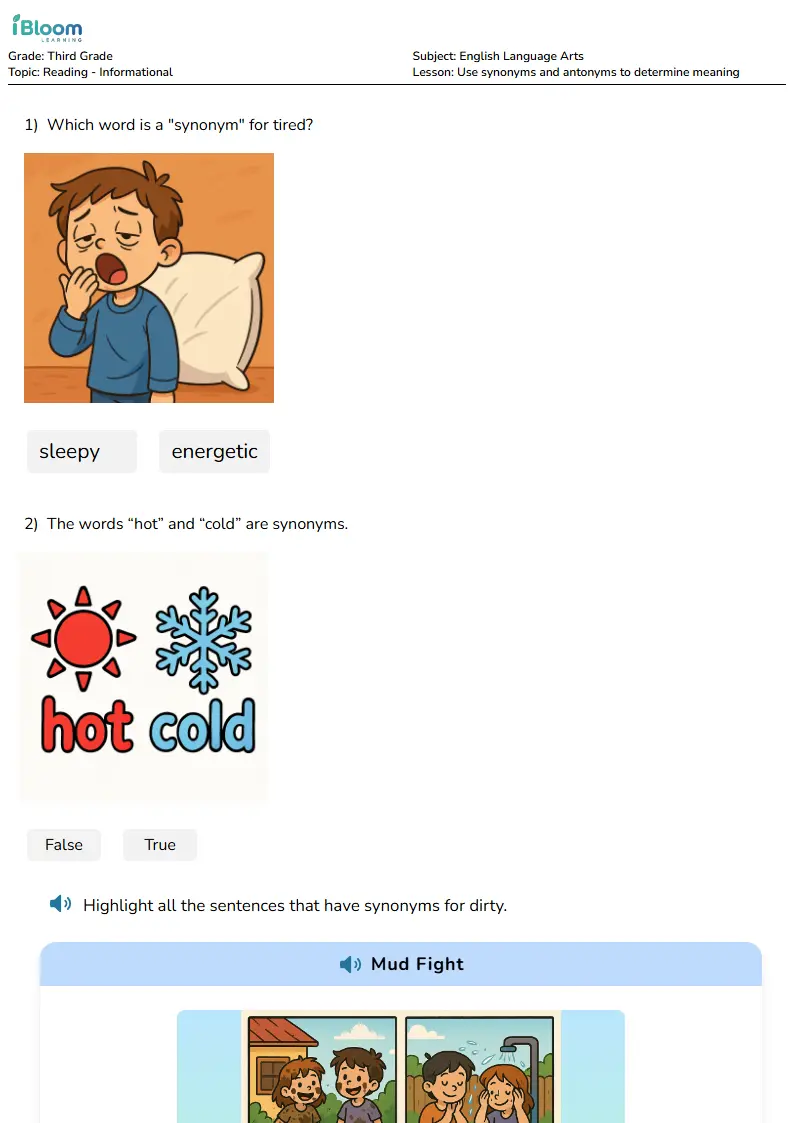 Free Use synonyms and antonyms to determine meaning Worksheets for Third Grade | iBloom