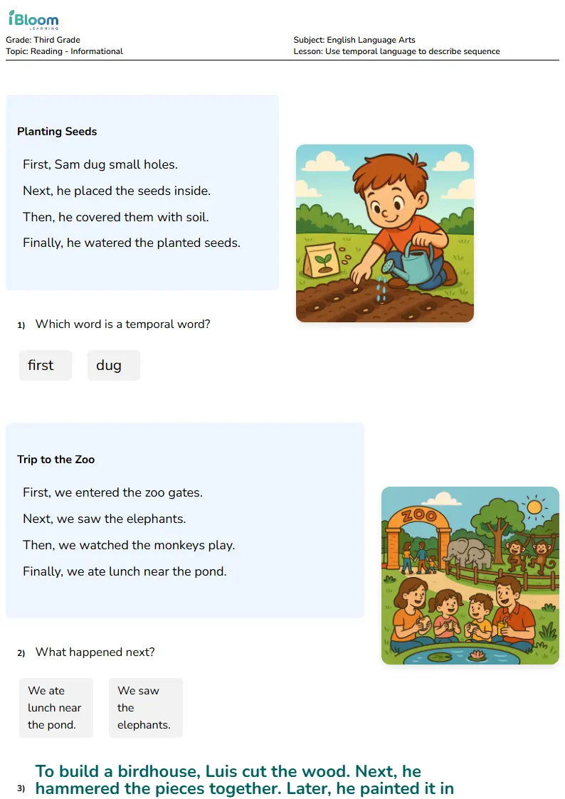 Free Use temporal language to describe sequence Worksheets for Third Grade | iBloom