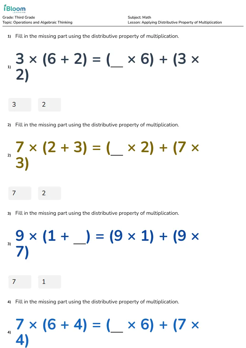 Free Applying Distributive Property of Multiplication Worksheets for Grade 3