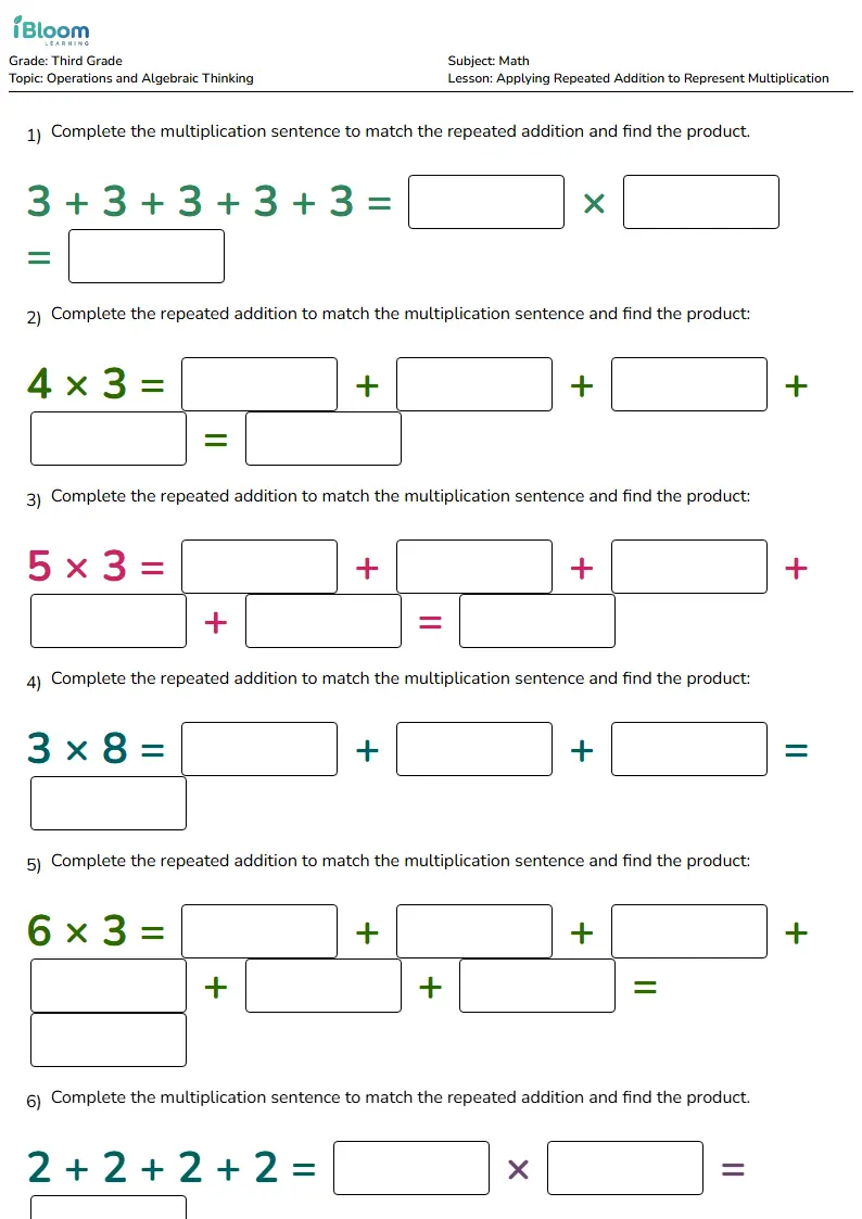 Free Applying Repeated Addition to Represent Multiplication Worksheets for Grade 3