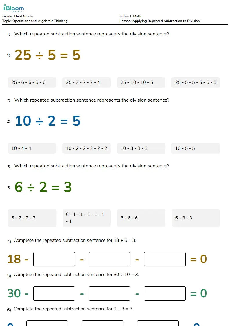 Free Applying Repeated Subtraction to Division Worksheets for Grade 3