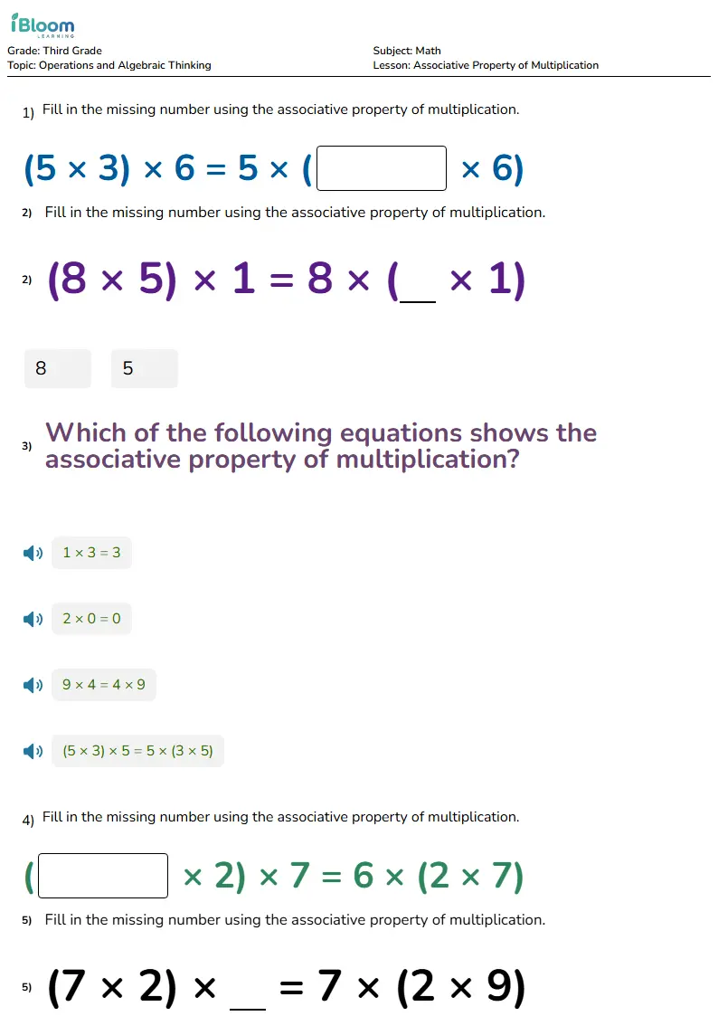 Free Associative Property of Multiplication Worksheets for Grade 3