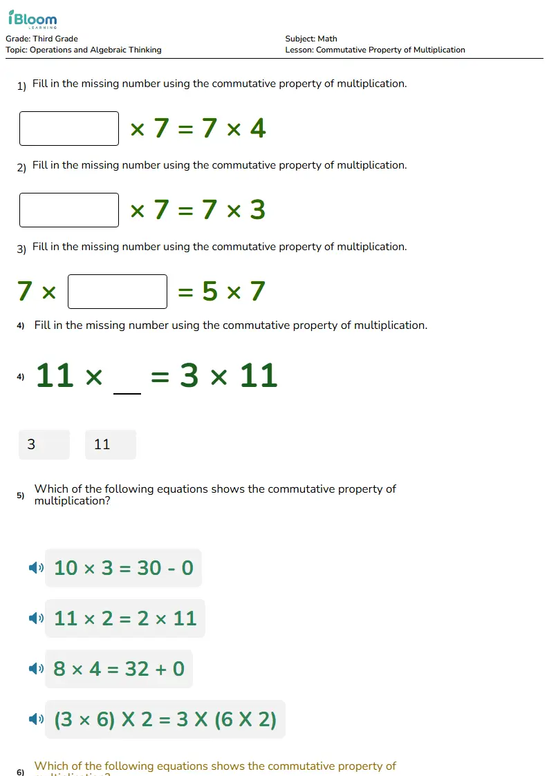 Free Commutative Property of Multiplication Worksheets for Grade 3