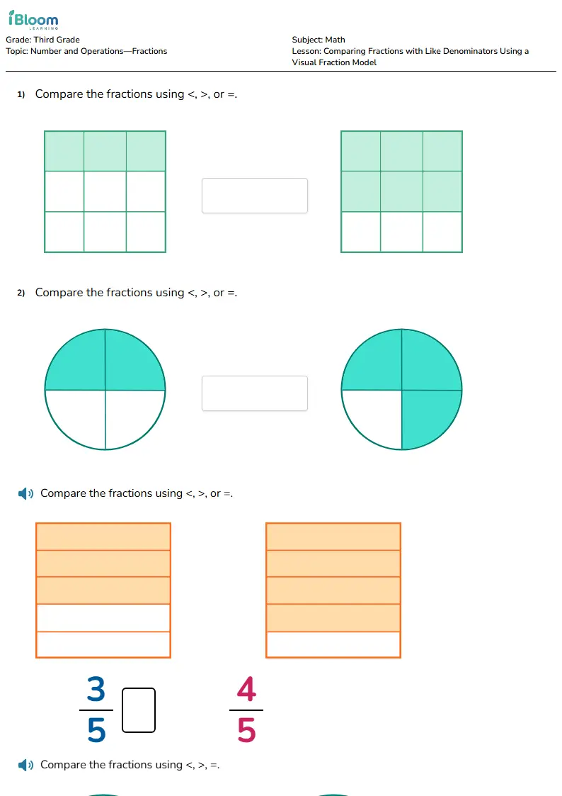 Free Comparing Fractions with Like Denominators Using a Visual Fraction Model Worksheets for Grade 3