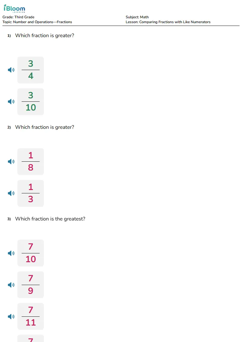 Free Comparing Fractions with Like Numerators Worksheets for Grade 3