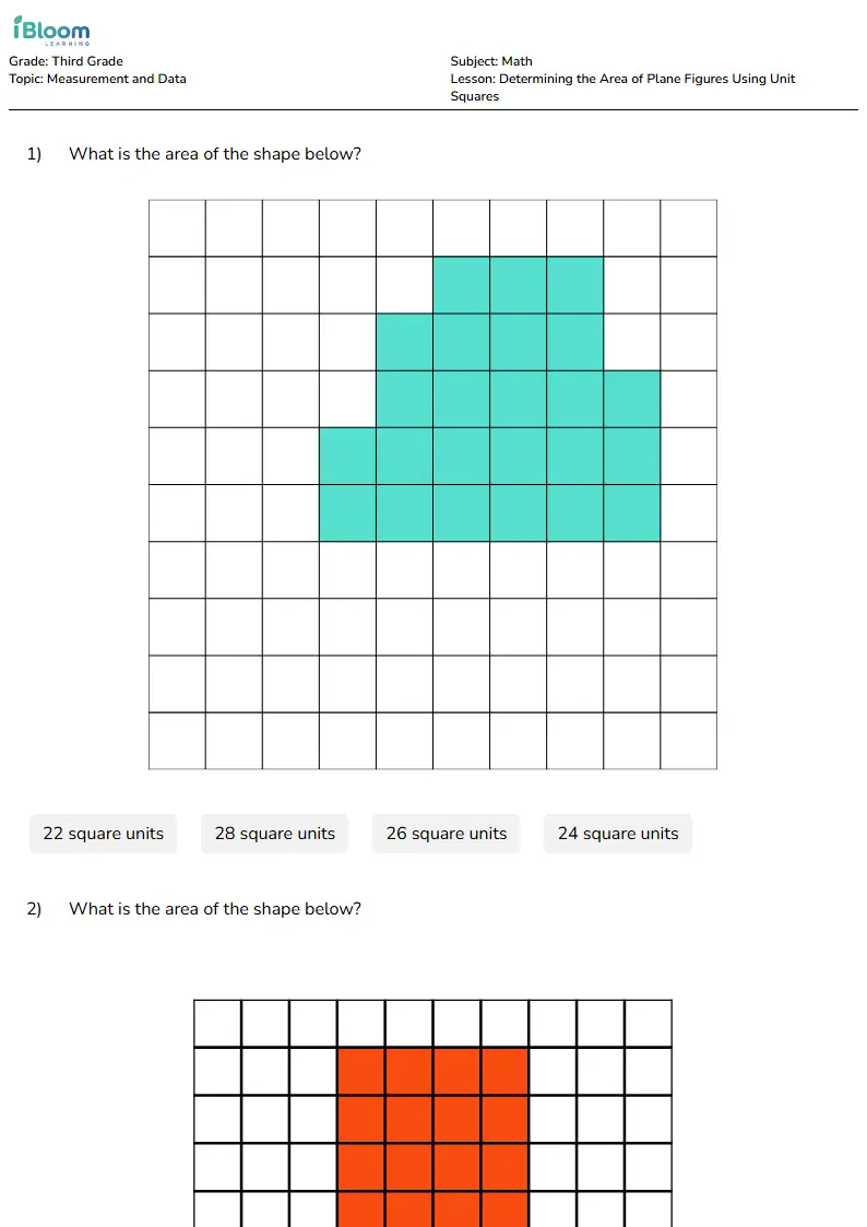 Free Determining the Area of Plane Figures Using Unit Squares Worksheets for Grade 3