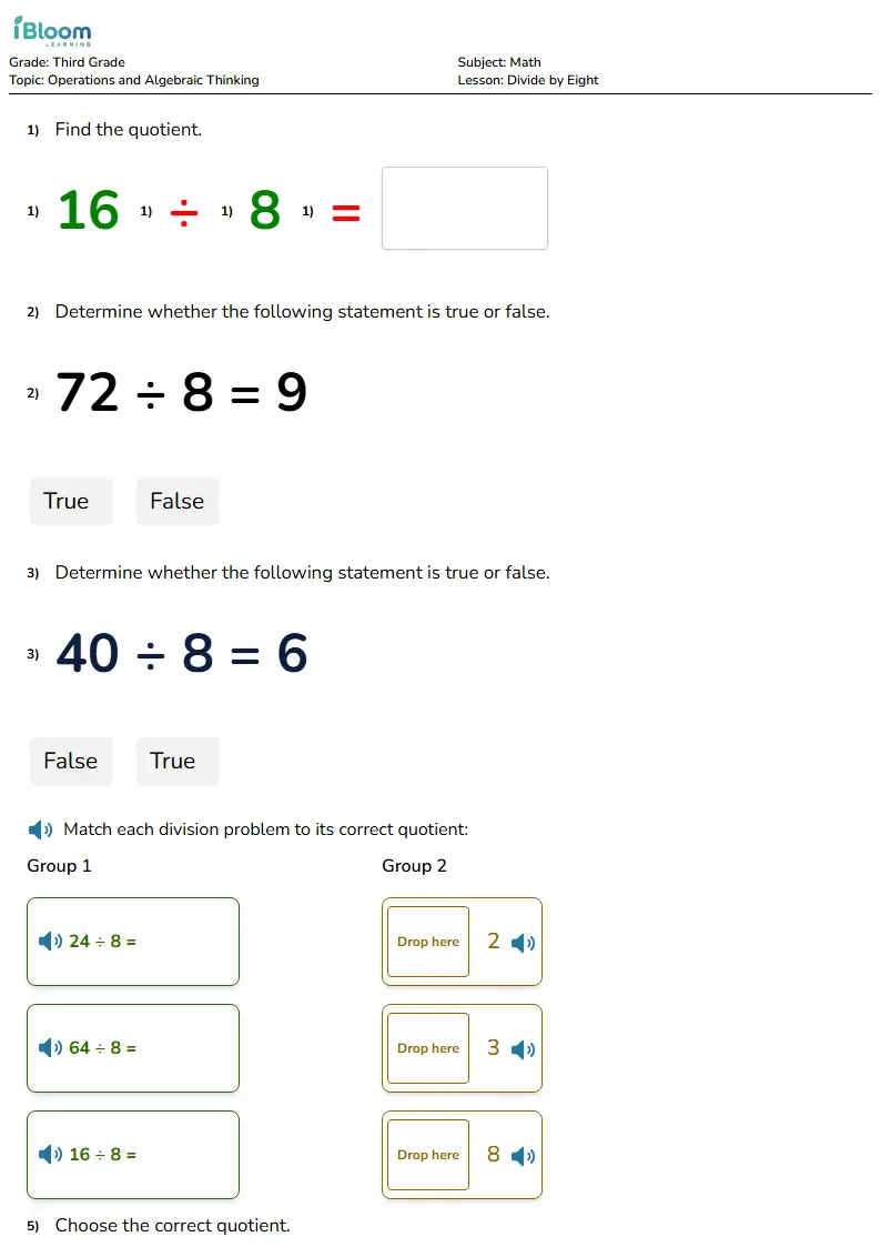 Free Divide by Eight Worksheets for Grade 3