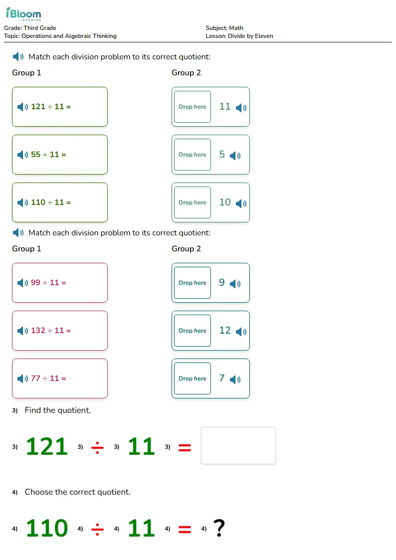Free Divide by Eleven Worksheets for Grade 3
