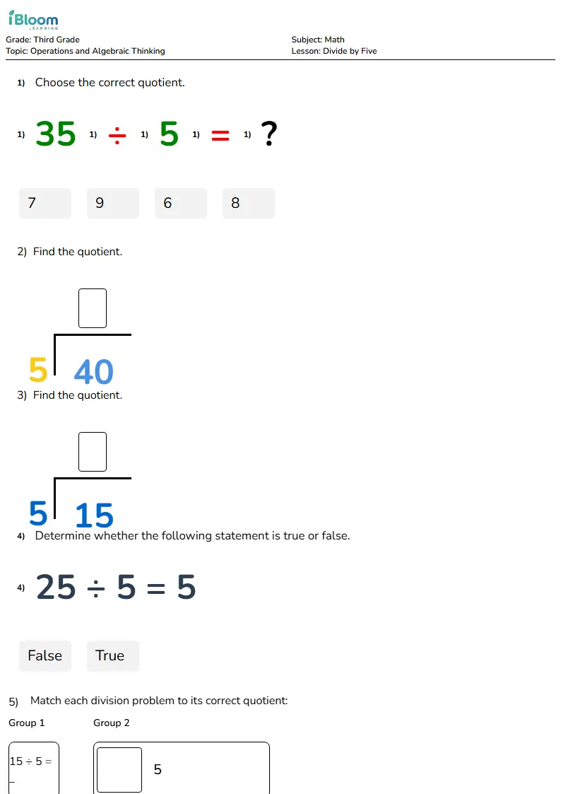 Free Divide by Five Worksheets for Grade 3